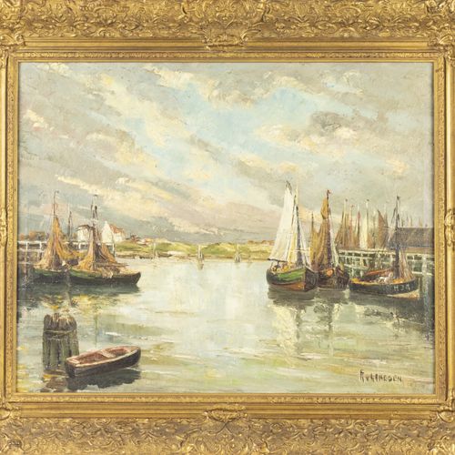 Null 画作 - Frans van Genesen (1887-1945)，有帆船的港口，布面油画，已签名 - 有一些油漆脱落，-38,7 x 49 cm-&hellip;