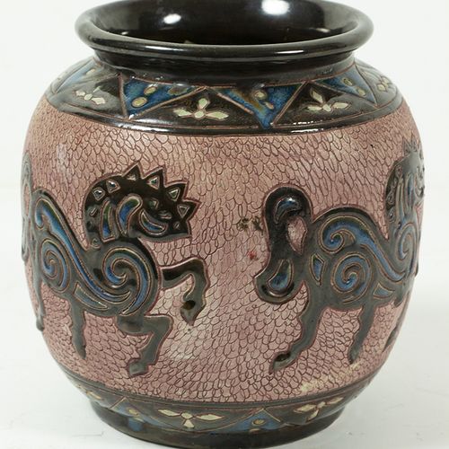 Null Porcelain, earthen ware etc. - A partially glazed vase decorated with horse&hellip;