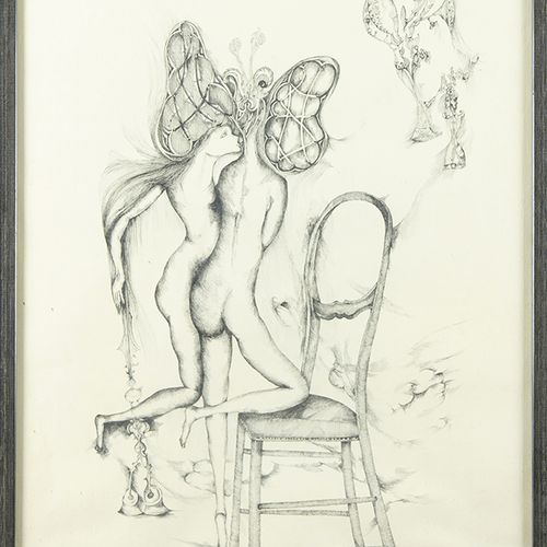 Null 水彩画、粉笔画等。- David Tzur (1930)，《裸体女人》，水墨画，签名并注明日期'76 -59 x 44,5 cm-