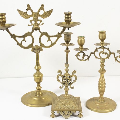 Null Pewter, copper, bronze etc. - Two brass three lights candelabra and table c&hellip;