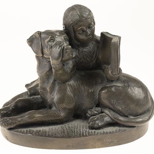 Null Statues, figures etc. - Faux bronze sculpture: girl with dog, reading a boo&hellip;