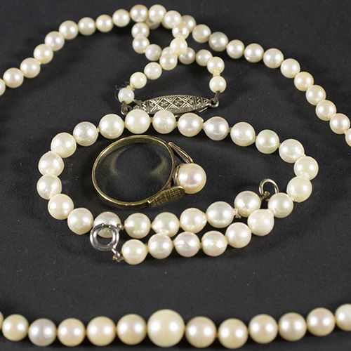 Null Gold jewellery and objects - Cultured pearl necklace completed by a 14k yel&hellip;