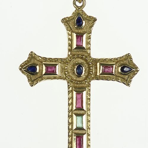 Null Gold jewellery and objects - 18k yellow gold cross pendant set with rubies,&hellip;