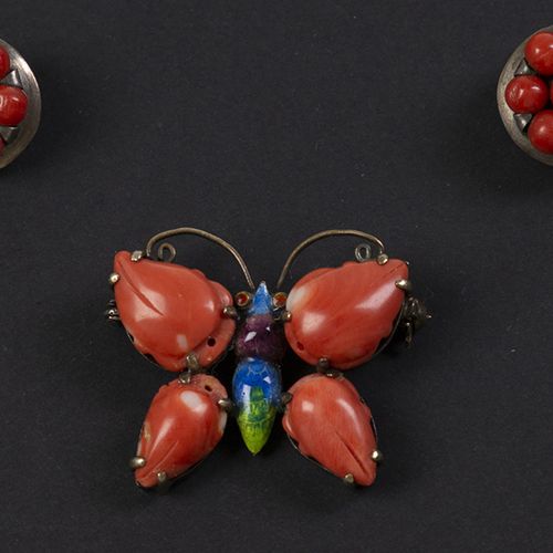 Null Silver jewellery - Coral and enamel butterfly brooch and a pair coral earcl&hellip;