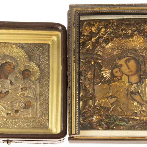 Null 图腾 - 两幅带有铜制里扎的图腾，带玻璃罩的木框，约1900年，损坏 - 40 x 35厘米 - 损坏