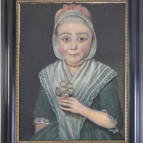 Null 画作 - 荷兰学校：身着传统服装的年轻弗里斯兰女孩的肖像，布面油画，17世纪，无签名 - 44 x 34 cm -。