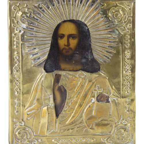 Null Icônes - Icône avec oklad en laiton : Christ, vers 1900 -23,7 x 17,5 cm-.
