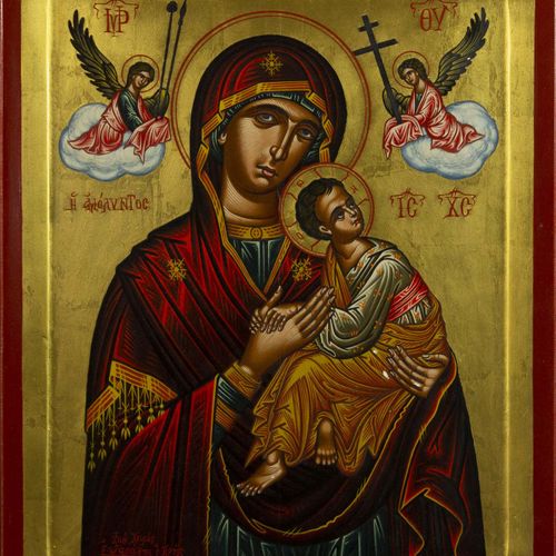 Null 圣像 - 三幅拜占庭式的圣像。基督，圣母玛利亚和孩子耶稣以及一个传教士，20世纪下半叶--最大尺寸50.1 x 31厘米--。