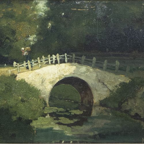 Null 画作 - 约翰-科内利斯-范-胡尔斯泰恩(1860-1894)，小河上的桥，纸板上的油画，已签名 -15,2 x 20,1 cm-。