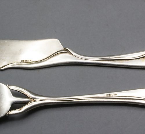 12 tlg. Jugendstil Fischbesteck 'Tulipan' / A silver Art Nouveau fish cutlery se&hellip;