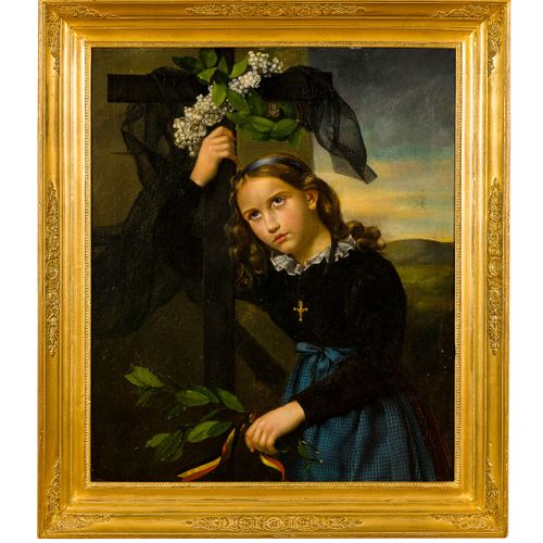 Unbekannter Künstler (19. Jh.) 
无名艺术家 （19世纪）
十字架前的哀悼女孩，布面油画，安装在木头上，83厘米×69厘米，比利时&hellip;