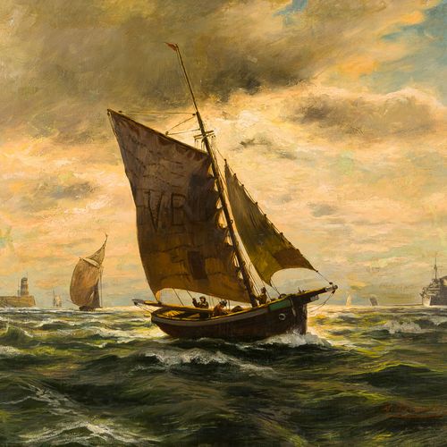 A. Deventer (19./20. Jh. Niederlande) 
A.德文特 （19/20世纪荷兰）
海军作品，有帆船和海军巡洋舰，布面油画，74厘&hellip;