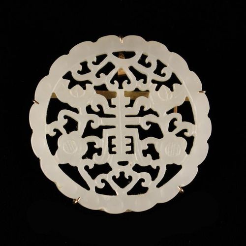 Null A Chinese Pierced Pale Celadon Jade Shou Symbol Brooch elaborated with flow&hellip;
