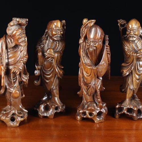 Null Cuatro tallas orientales de finales del siglo XIX: Un par de dioses Shou La&hellip;