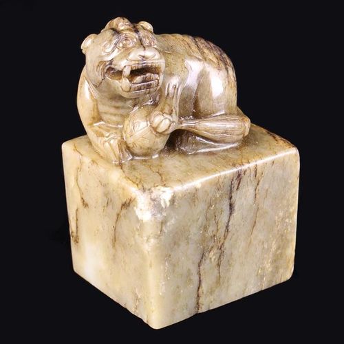 Null An Antique Green Riverstone Carving of Chinese Lion Dog with ball, raised o&hellip;