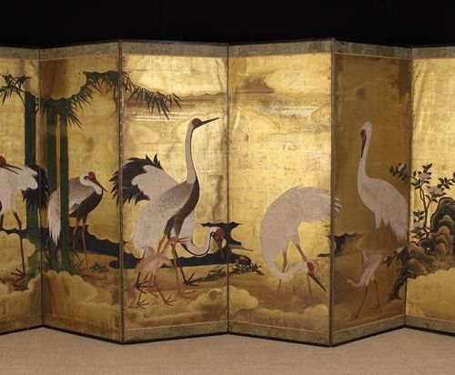 Null Ein japanischer sechsfacher Paravent aus der Edo-Periode, bemalt mit Störch&hellip;
