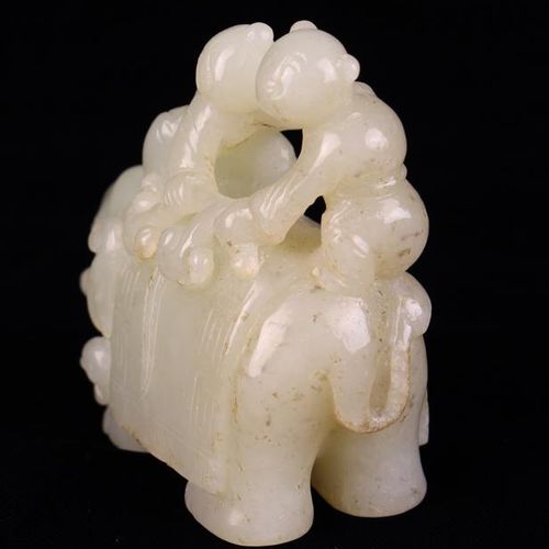 Null A Qing Period Pale Celadon Jade Carving of He-he Twins on the back of an el&hellip;