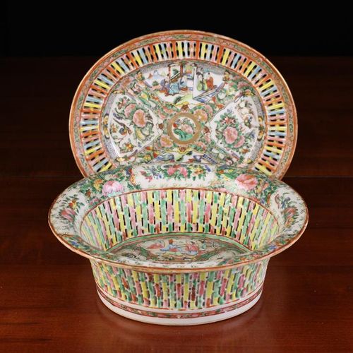 Null A Cantonese Style Ceramic Basket & Plate decorated in polychrome enamels. T&hellip;