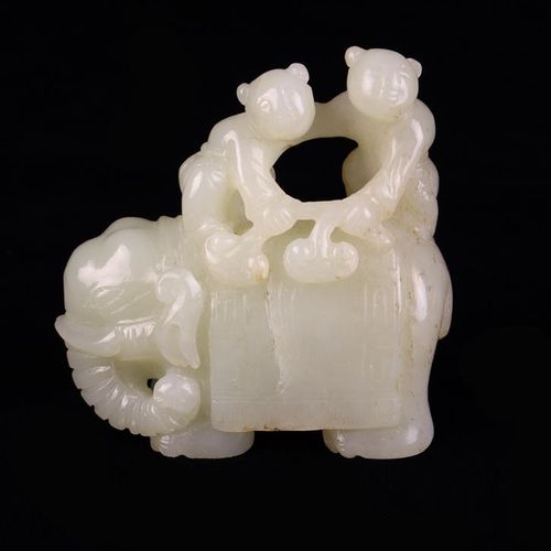 Null A Qing Period Pale Celadon Jade Carving of He-he Twins on the back of an el&hellip;