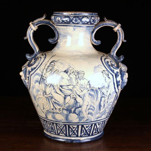 Null A Large 19th Century Blue & White Savona Maiolica Urn with scrolling handle&hellip;