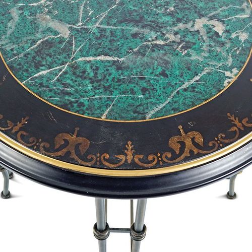 PAIR OF FAUX MARBLE AND BRASS TABLES each with a circular fleur de lys banded to&hellip;