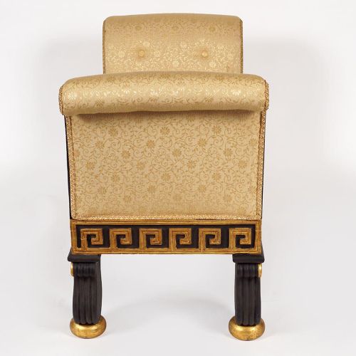 EBONY AND PARCEL-GILT STOOL 长方形软垫座椅，在凸起的卷轴两端之间，上面有希腊钥匙卷轴装饰的门楣，凸起的栏杆支柱，末端是包脚。高70厘&hellip;