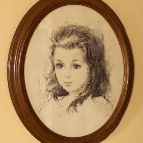 IRISH SCHOOL 爱尔兰学校 一个年轻女孩的肖像。 铅笔素描。 封闭在一个椭圆形的框架内。
