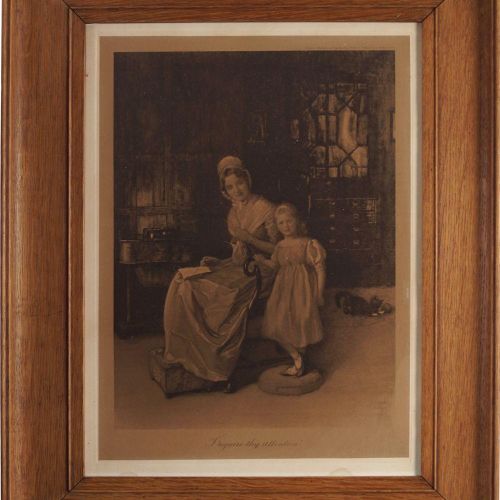 Print PRINTI Require Thy Attention. Woman and child in an interior. Framed.