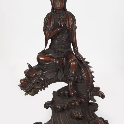 LARGE CHINESE BRONZE SCULPTURE 大型中国青铜雕塑--观音坐于海龙之上。