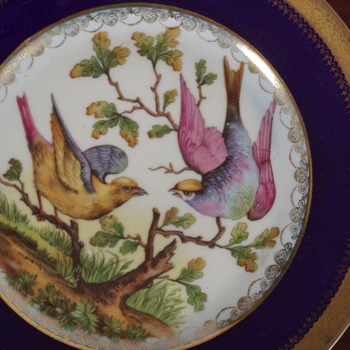 3 19TH-CENTURY CONTINENTAL PORCELAIN PLATES 3个19世纪大陆瓷盘，每个都有鸟类装饰，由皇家蓝色和包裹鎏金边框包围。