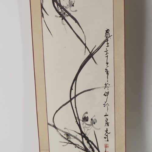 Chinese Scroll 中国的卷轴花枝。 水彩画。已签名。图片尺寸：95 x 35厘米。