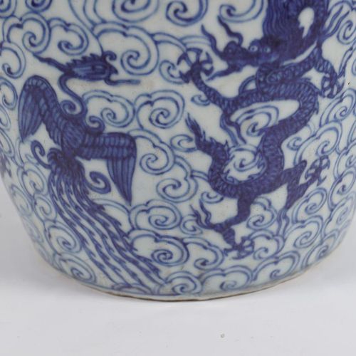 CHINESE BLUE & WHITE LOBED DRAGON & PHOENIX JAR 中国青花龙凤呈祥罐，侧面绘有上下交替的龙凤呈祥，底部刻有嘉靖（1&hellip;