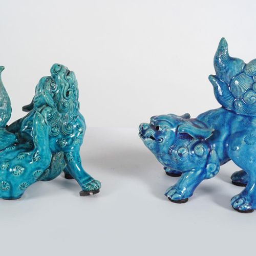 PAIR OF CHINESE QING TURQUOISE BLUE FOO DOGS PAIRE DE CHINOIS QING TURQUOISE BLU&hellip;