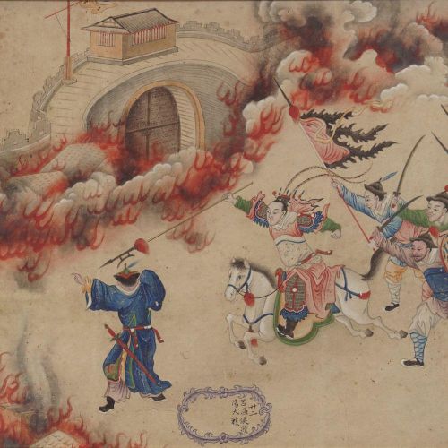 PAIR OF 18TH-CENTURY CHINESE WATERCOLOURS 一对18世纪的中国水彩画，每幅画都描绘了保卫燃烧中的堡垒的战士们。每幅都有签&hellip;