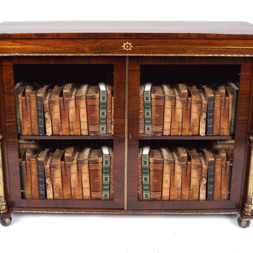 REGENCY BRASS INLAID ROSEWOOD BOOKCASE 约1820年的皇家铜嵌玫瑰木书柜，长方形的顶部，上面有两个镀金的板门，围着书架，用&hellip;