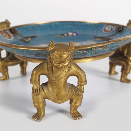 CHINESE CLOISSONE DISH CHINESE CLOISSONE DISH mounted on gilded warrior figures.&hellip;
