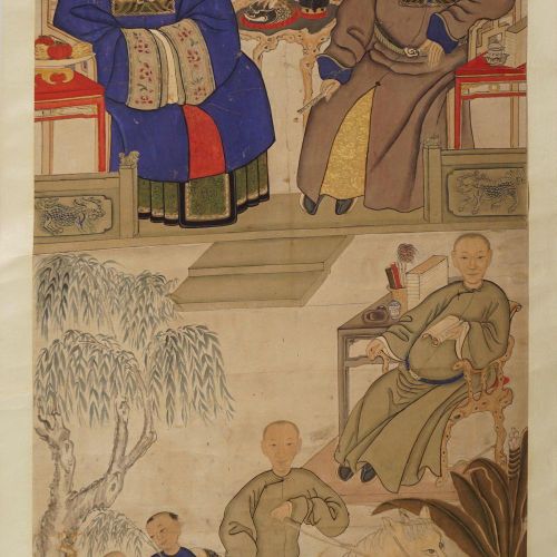 CHINESE SCHOOL 中国学校双联画，每幅画都描绘了宫廷人物。高127厘米；宽65厘米