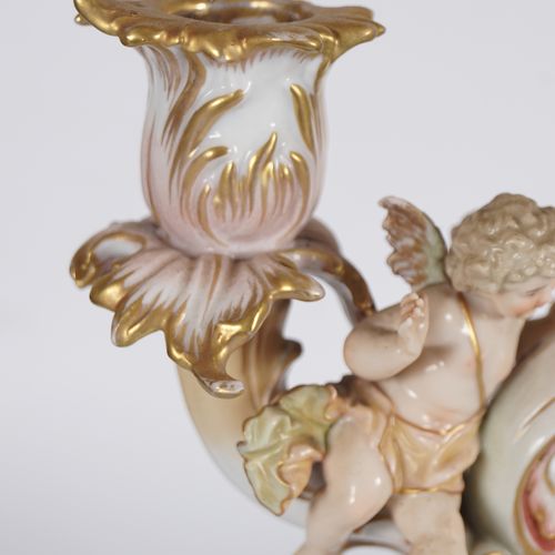 19TH-CENTURY GERMAN PORCELAIN CANDELABRA of 3 scroll cherub mounted lights, rais&hellip;