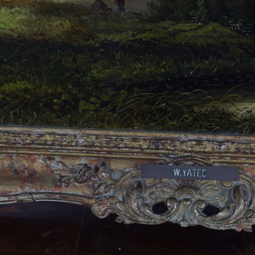 W. YATES 风景中的宅院。 画布上有签名的油画。 封闭在一个镀金的框架内。尺寸为45 x 79厘米。
