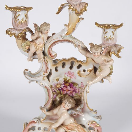 19TH-CENTURY GERMAN PORCELAIN CANDELABRA of 3 scroll cherub mounted lights, rais&hellip;