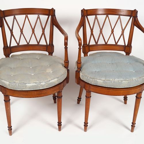 PAIR 19TH-CENTURY SATINWOOD ELBOW CHAIRS each with an ebony lined inlaid trellis&hellip;