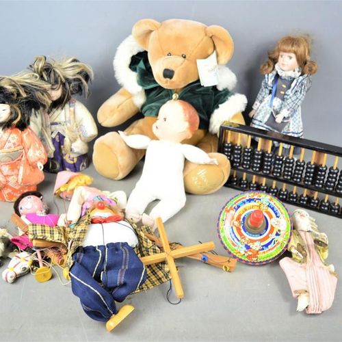 Null A group of vintage dolls and string puppets together with a Harrods teddy b&hellip;