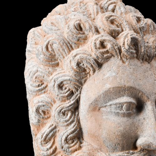 GANDHARAN HEAD OF HERCULES 约。公元100-200年。 
一个片岩材质的海格力斯头像，面部特征雕刻精细，从带有厚重眼皮的杏仁形眼睛，到&hellip;