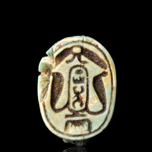 EGYPTIAN STEATITE THUTMOSE SCARAB Ca. 1504-1450 BC. 
This green-glazed steatite &hellip;