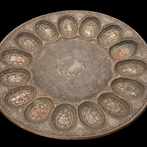 LARGE COPPER TRAY STAND WITH GILDED SILVER AND GOLD FIGURES Safavid or Mughul pe&hellip;