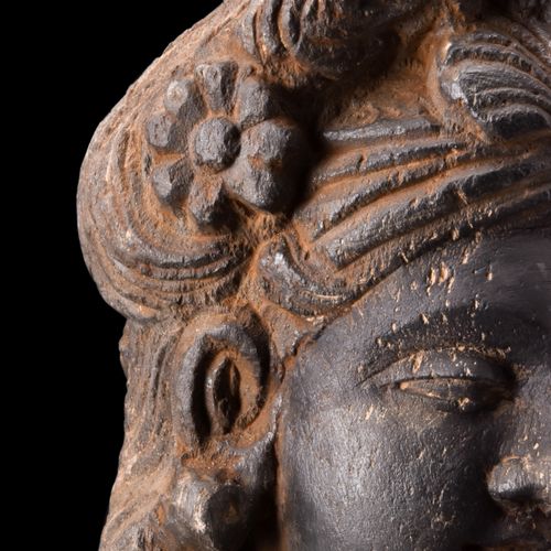 GANDHARAN DARK SCHIST HEAD OF BODHISATTVA Ca. 200-300 AD. 
A carved dark schist &hellip;