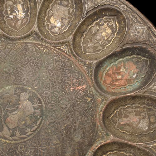 LARGE COPPER TRAY STAND WITH GILDED SILVER AND GOLD FIGURES Safavid or Mughul pe&hellip;