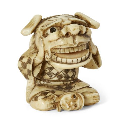 Null A Japanese ivory netsuke, 19th century, carved as a Chinese boy with lion m&hellip;