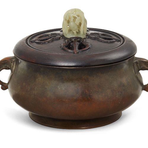 Null A Chinese bronze bombe censer and cover, cast with elephant ring handles an&hellip;