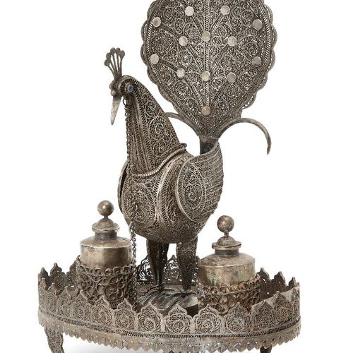 Null A silver filigree peacock and vessels cosmetics tray, Deccan, India, early &hellip;